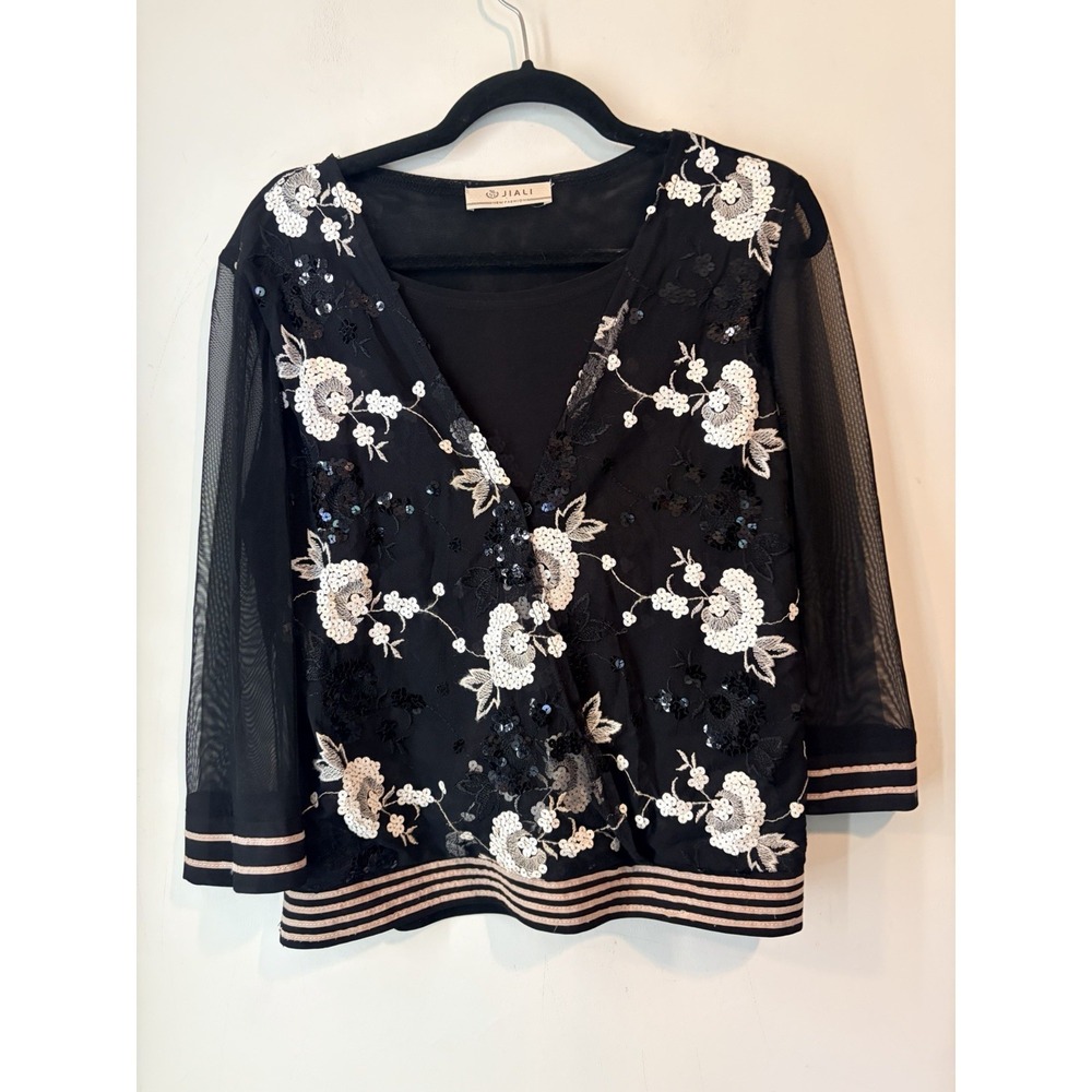Jiali‎ Women's Large Black Floral Embroidered Sequin Mesh Faux Wrap Blouse Top